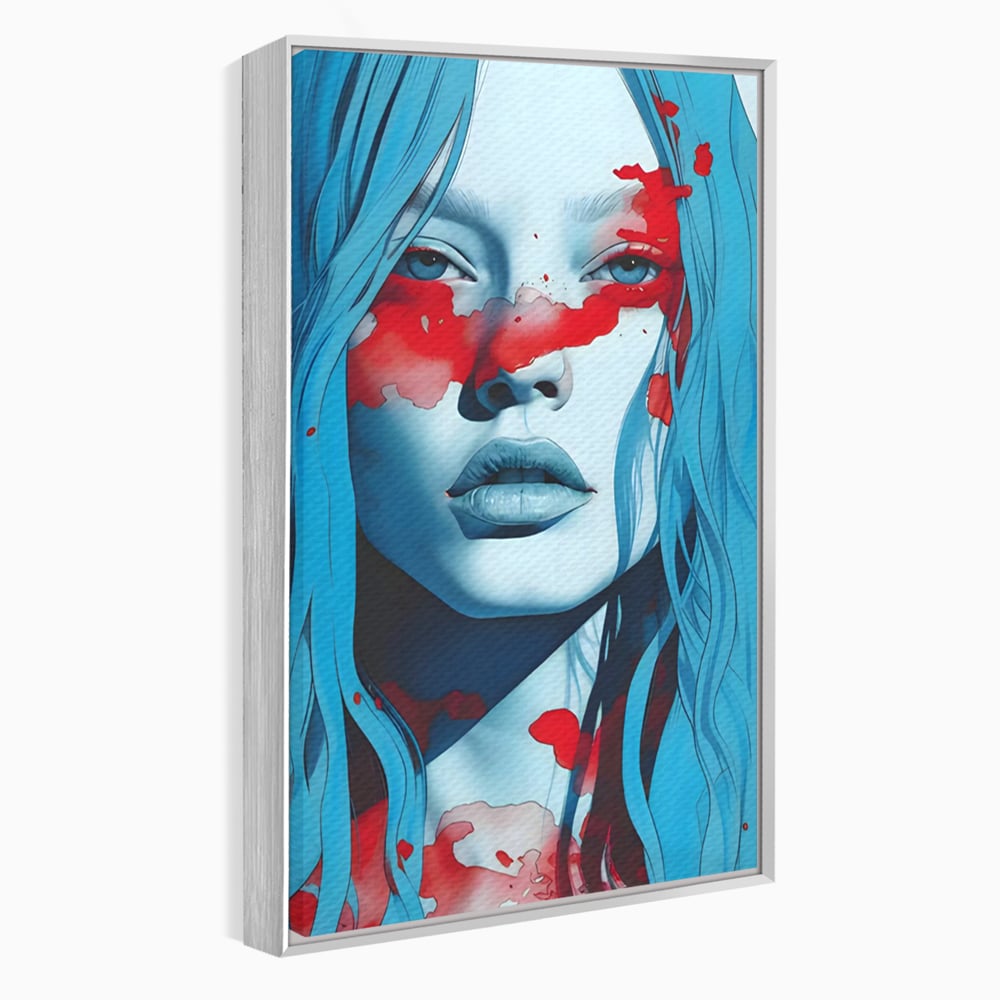 Tablou canvas cu tablou canvas cu portret albastru si pete rosii, in rama de aluminiu argintiu